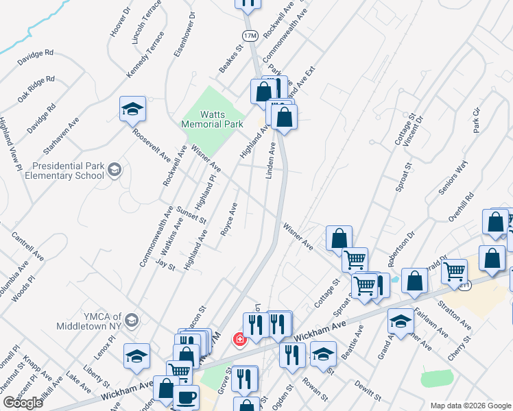 map of restaurants, bars, coffee shops, grocery stores, and more near 51 Wisner Avenue in Middletown