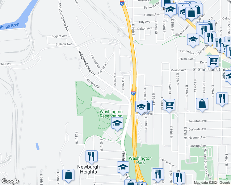 map of restaurants, bars, coffee shops, grocery stores, and more near 3646 Independence Road in Cleveland