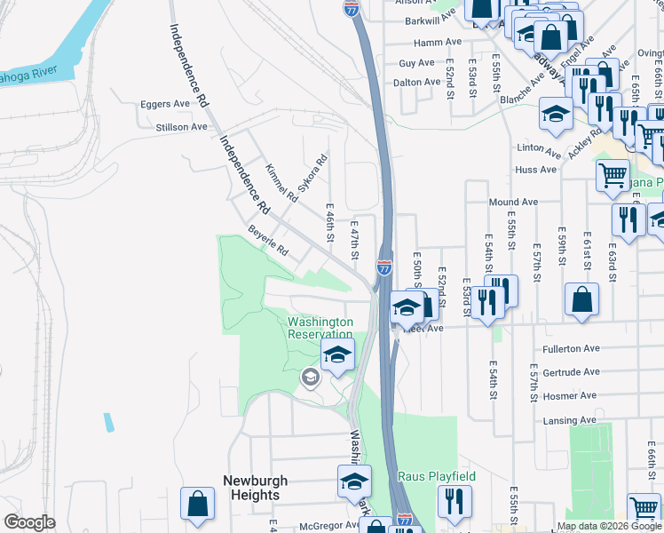 map of restaurants, bars, coffee shops, grocery stores, and more near 3628 Independence Road in Cleveland