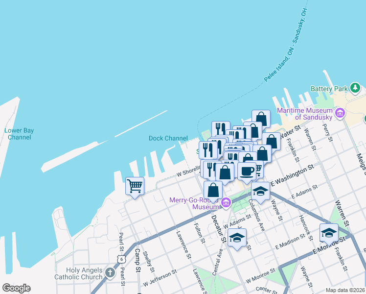 map of restaurants, bars, coffee shops, grocery stores, and more near 401 West Shoreline Drive in Sandusky