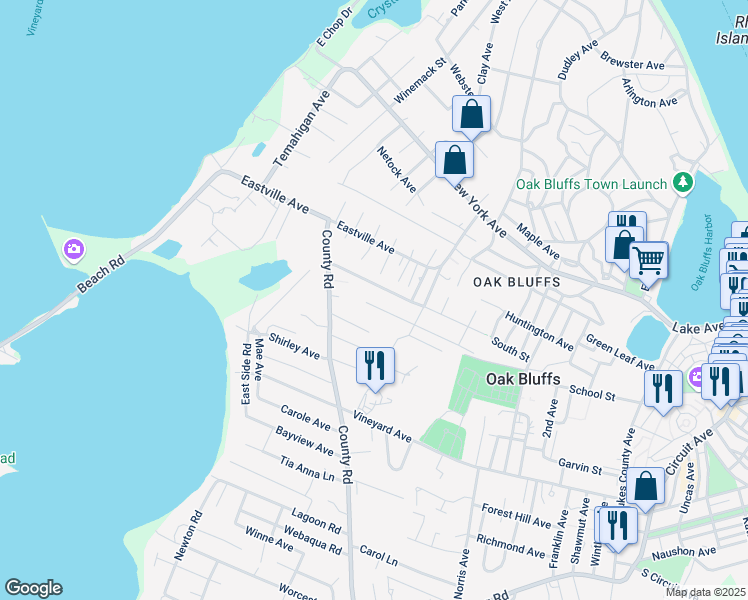 map of restaurants, bars, coffee shops, grocery stores, and more near 59 Prospect Avenue in Oak Bluffs