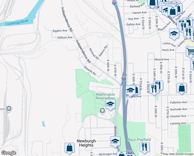 map of restaurants, bars, coffee shops, grocery stores, and more near 3623 Beyerle Road in Cleveland