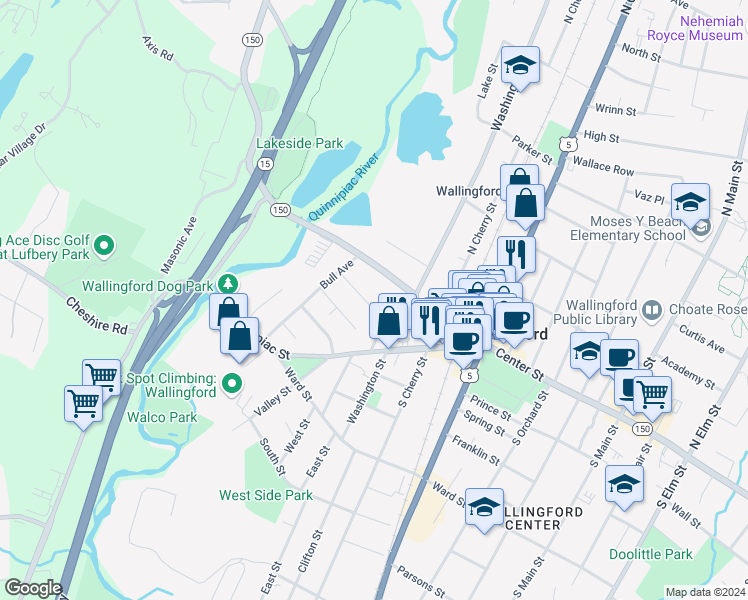 map of restaurants, bars, coffee shops, grocery stores, and more near 24 Maple Avenue in Wallingford