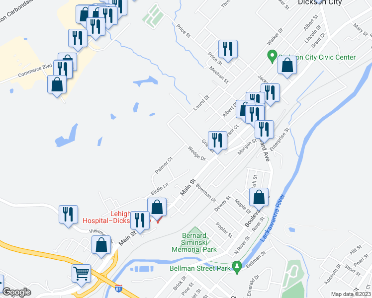 map of restaurants, bars, coffee shops, grocery stores, and more near 516 Wedge Drive in Dickson City