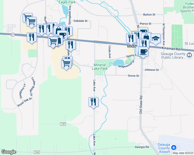 map of restaurants, bars, coffee shops, grocery stores, and more near 15064 Lake Avenue in Middlefield