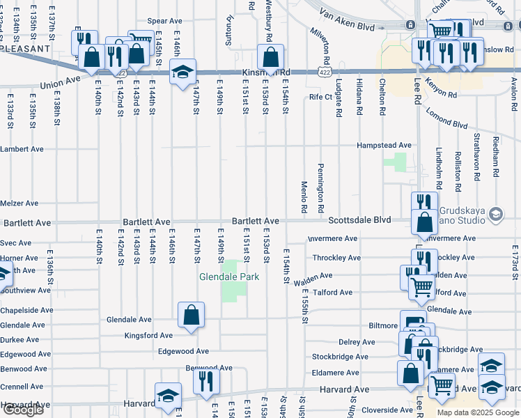 map of restaurants, bars, coffee shops, grocery stores, and more near 3712 East 153rd Street in Cleveland