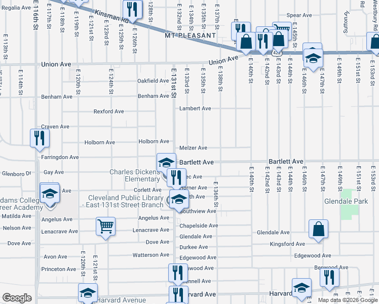 map of restaurants, bars, coffee shops, grocery stores, and more near 13311 Melzer Avenue in Cleveland