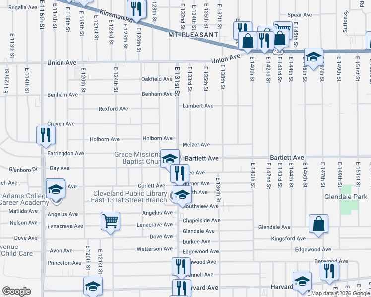 map of restaurants, bars, coffee shops, grocery stores, and more near 3691 East 131st Street in Cleveland