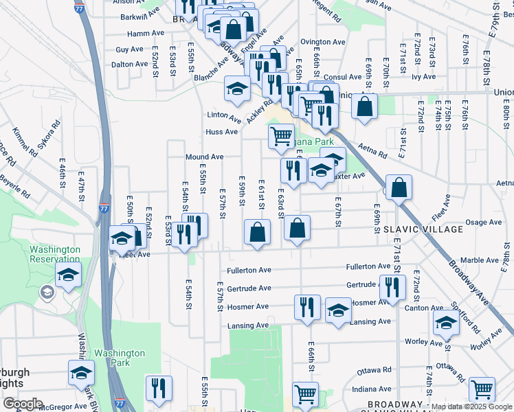 map of restaurants, bars, coffee shops, grocery stores, and more near 3666 East 61st Street in Cleveland