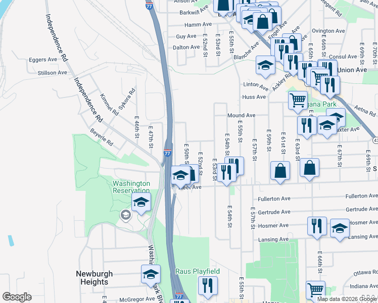 map of restaurants, bars, coffee shops, grocery stores, and more near 3663 East 50th Street in Cleveland
