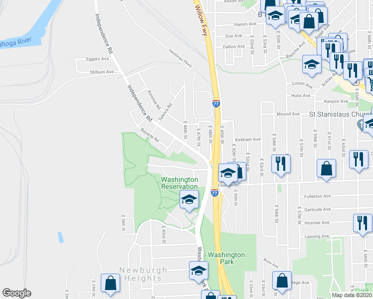 map of restaurants, bars, coffee shops, grocery stores, and more near 3628 Independence Road in Cleveland