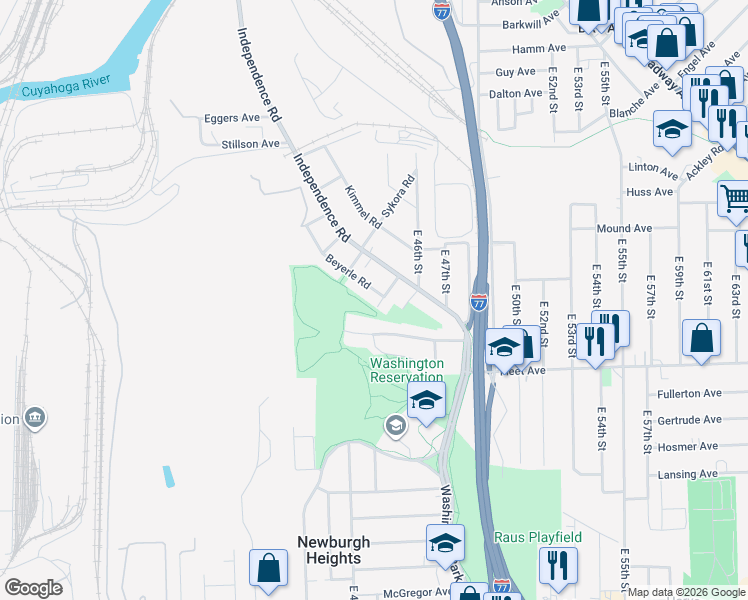 map of restaurants, bars, coffee shops, grocery stores, and more near 3623 Beyerle Road in Cleveland