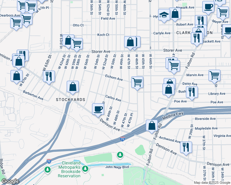 map of restaurants, bars, coffee shops, grocery stores, and more near 3520 West 49th Street in Cleveland