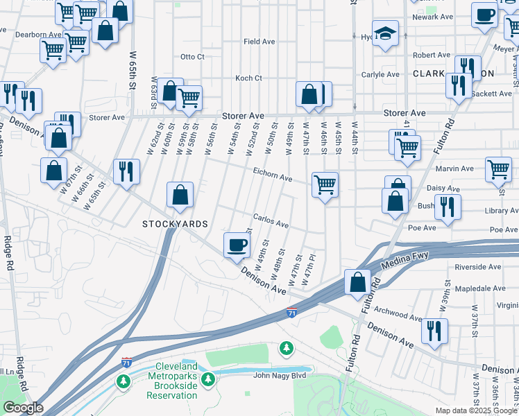 map of restaurants, bars, coffee shops, grocery stores, and more near 3534 West 50th Street in Cleveland