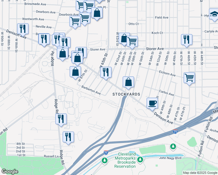 map of restaurants, bars, coffee shops, grocery stores, and more near 3532 West 62nd Street in Cleveland