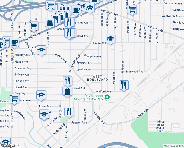 map of restaurants, bars, coffee shops, grocery stores, and more near 10113 Loretta Avenue in Cleveland