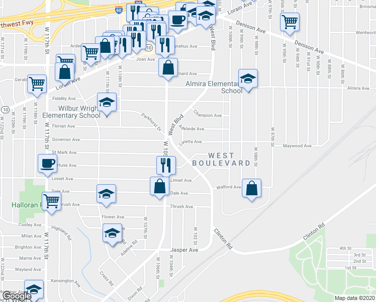 map of restaurants, bars, coffee shops, grocery stores, and more near 3509 West Boulevard in Cleveland