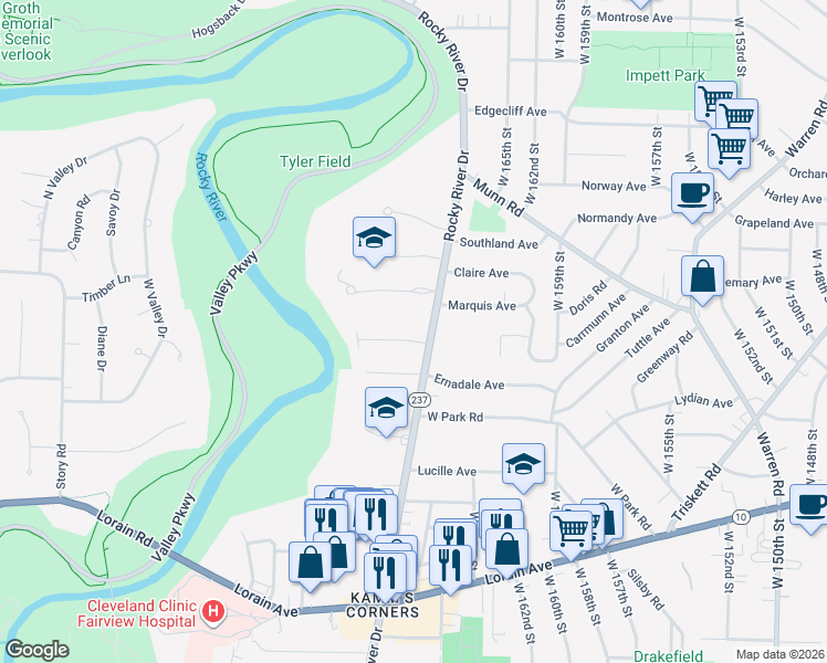map of restaurants, bars, coffee shops, grocery stores, and more near 17120 Greenwood Avenue in Cleveland