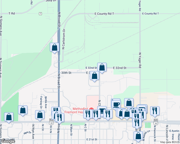 map of restaurants, bars, coffee shops, grocery stores, and more near 404 East 30th Street in Fremont