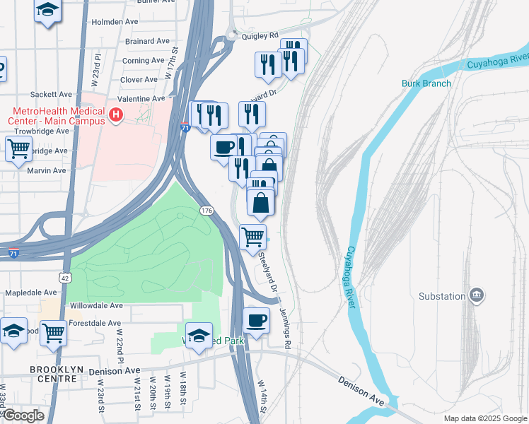map of restaurants, bars, coffee shops, grocery stores, and more near 3535 Steelyard Drive in Cleveland