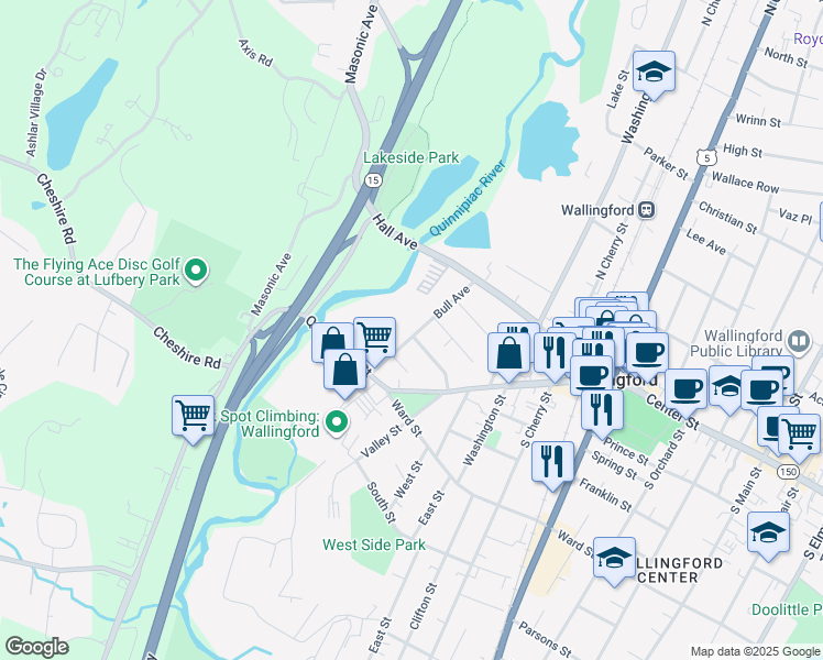 map of restaurants, bars, coffee shops, grocery stores, and more near 64 Bull Avenue in Wallingford