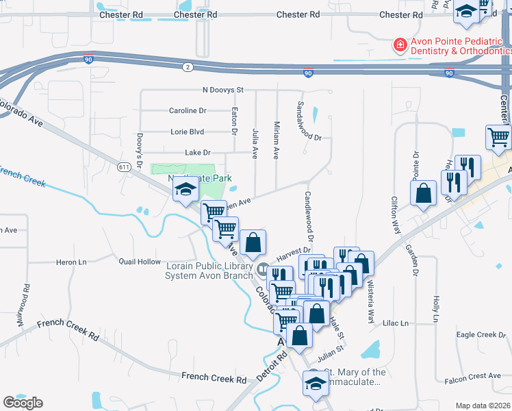 map of restaurants, bars, coffee shops, grocery stores, and more near 37343 Carleen Avenue in Avon