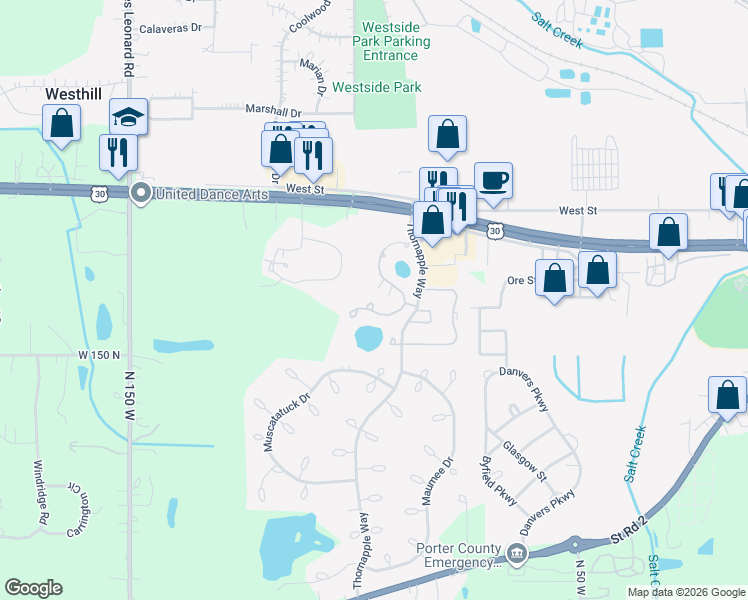 map of restaurants, bars, coffee shops, grocery stores, and more near 1179 Millpond Road North in Valparaiso