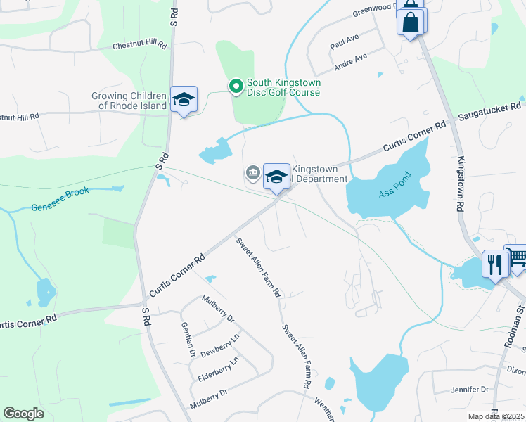 map of restaurants, bars, coffee shops, grocery stores, and more near Curtis Corner Road in South Kingstown