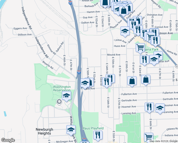 map of restaurants, bars, coffee shops, grocery stores, and more near 3663 East 50th Street in Cleveland