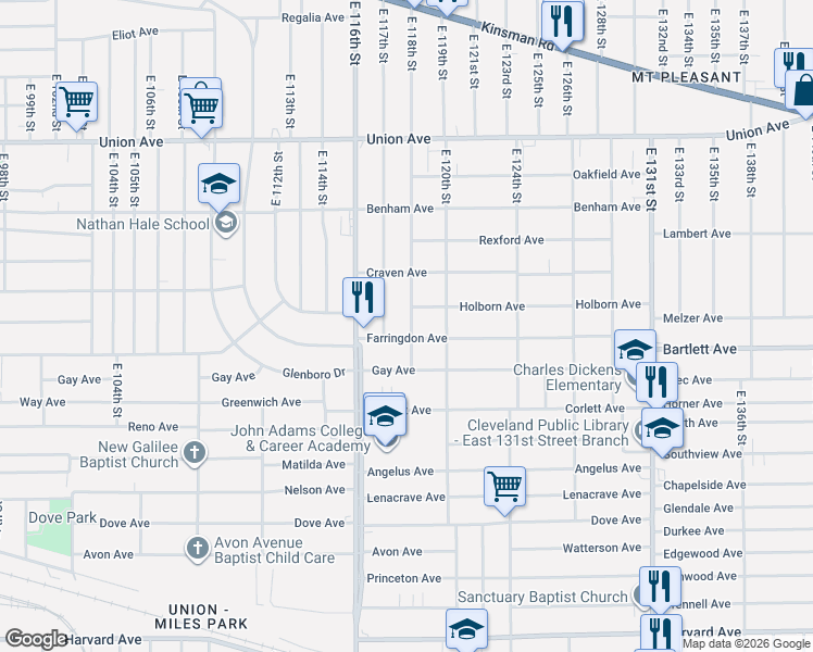 map of restaurants, bars, coffee shops, grocery stores, and more near 3687 East 117th Street in Cleveland