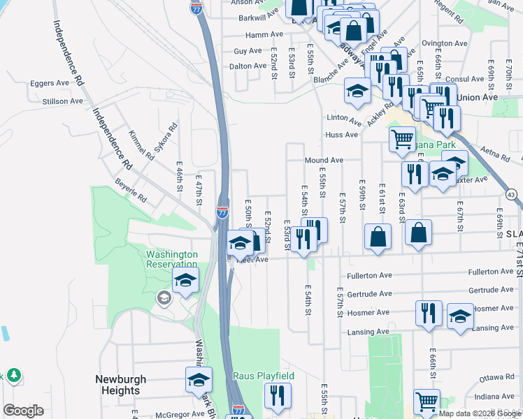 map of restaurants, bars, coffee shops, grocery stores, and more near 3663 East 50th Street in Cleveland