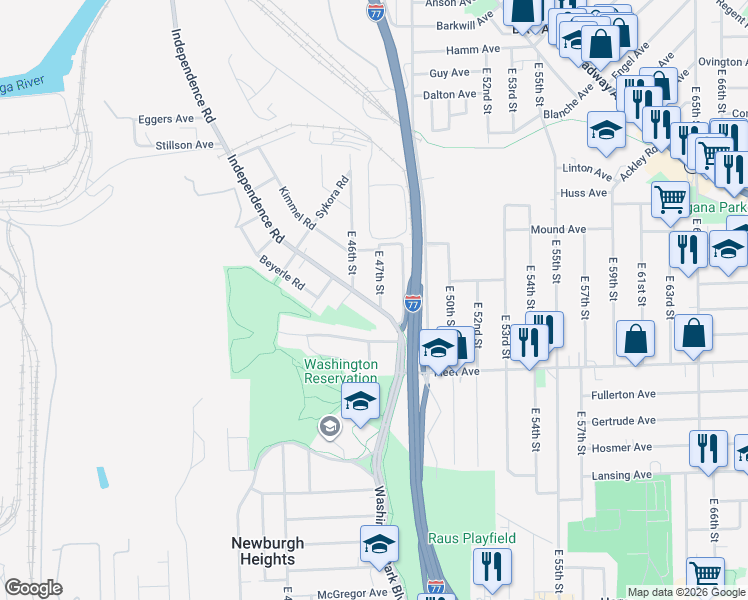 map of restaurants, bars, coffee shops, grocery stores, and more near 3665 Independence Road in Cleveland