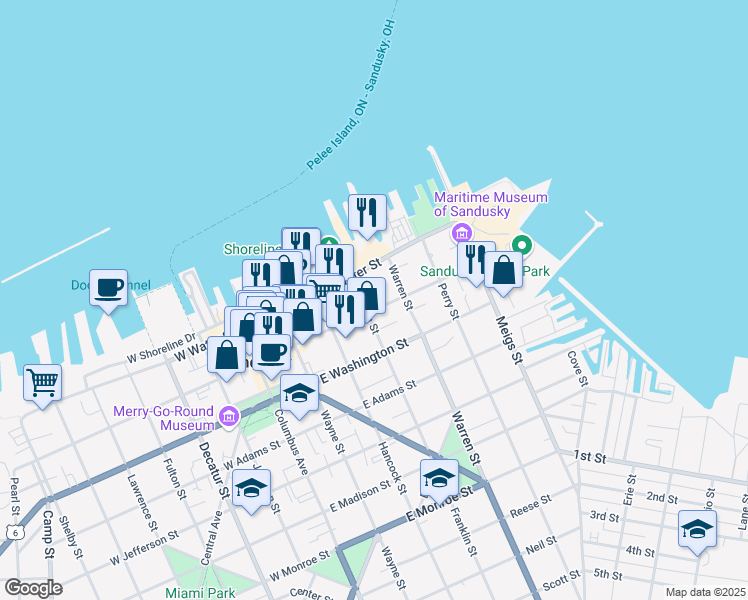 map of restaurants, bars, coffee shops, grocery stores, and more near 409 East Market Street in Sandusky
