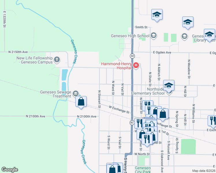 map of restaurants, bars, coffee shops, grocery stores, and more near 501-545 N Florence St in Geneseo