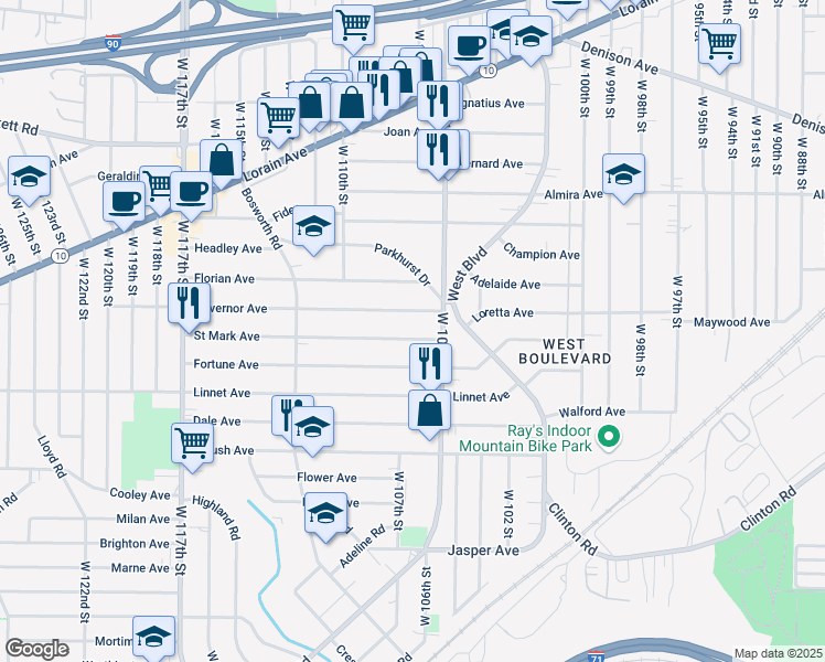 map of restaurants, bars, coffee shops, grocery stores, and more near 10625 Governor Avenue in Cleveland