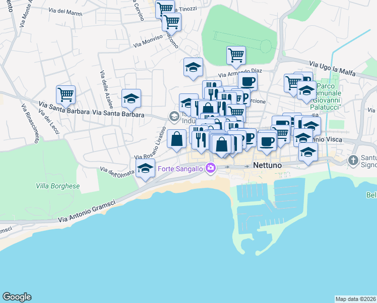 map of restaurants, bars, coffee shops, grocery stores, and more near 70 Via dell'Olmata in Nettuno