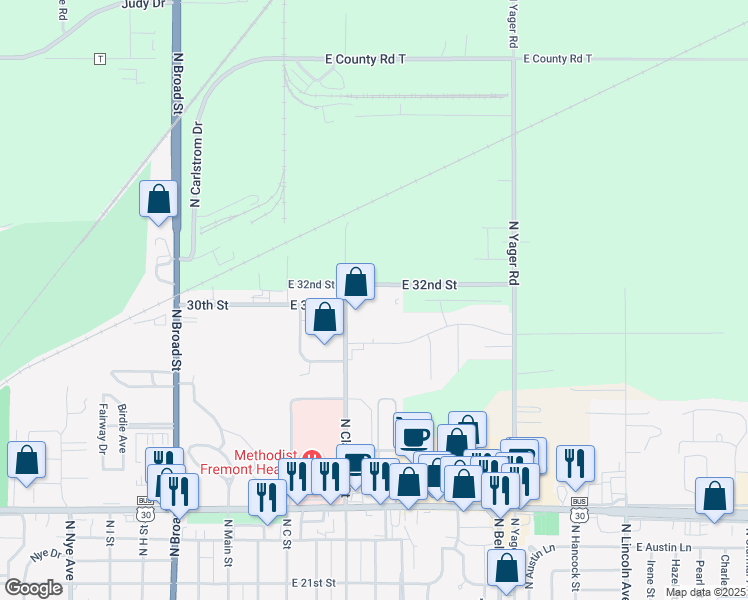 map of restaurants, bars, coffee shops, grocery stores, and more near 3010 North Clarkson Street in Fremont