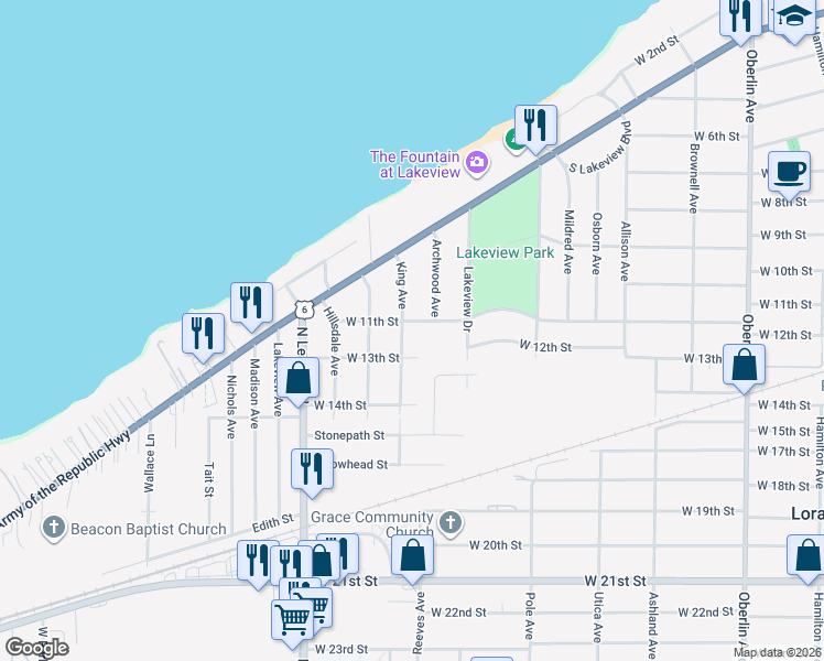 map of restaurants, bars, coffee shops, grocery stores, and more near 2025 West 11th Street in Lorain