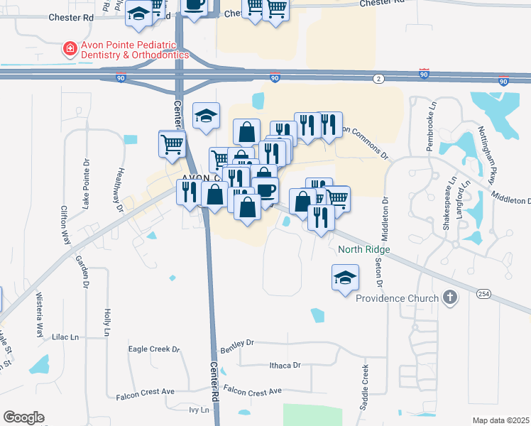 map of restaurants, bars, coffee shops, grocery stores, and more near 35825 Detroit Road in Avon
