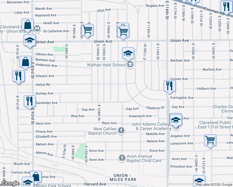 map of restaurants, bars, coffee shops, grocery stores, and more near 3690 East 108th Street in Cleveland