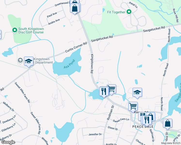 map of restaurants, bars, coffee shops, grocery stores, and more near 1608 Kingstown Road in South Kingstown