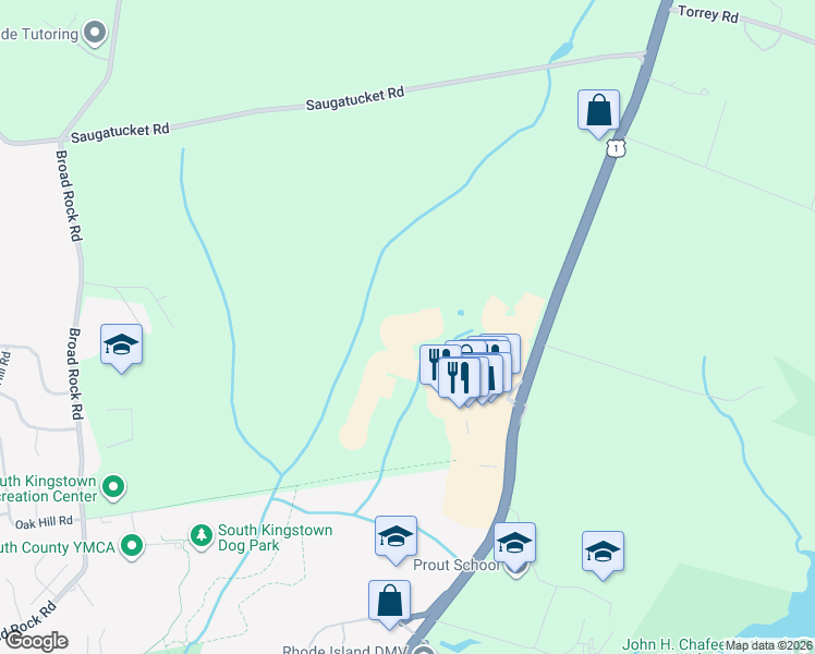 map of restaurants, bars, coffee shops, grocery stores, and more near 58 Grande Brook Circle in South Kingstown