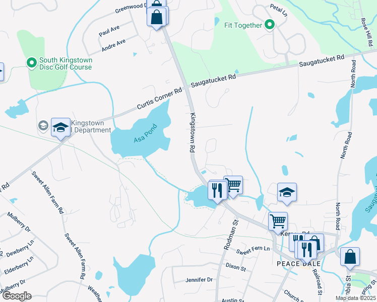 map of restaurants, bars, coffee shops, grocery stores, and more near 1608 Kingstown Road in South Kingstown