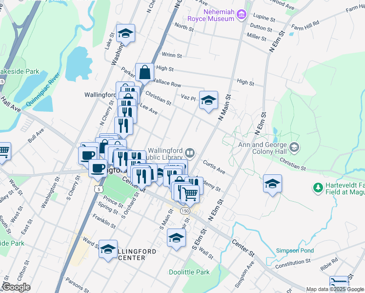 map of restaurants, bars, coffee shops, grocery stores, and more near 119 North Whittlesey Avenue in Wallingford