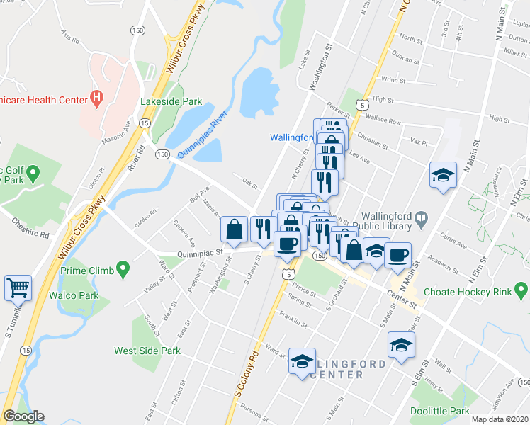 map of restaurants, bars, coffee shops, grocery stores, and more near 169 Washington Street in Wallingford