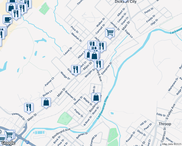 map of restaurants, bars, coffee shops, grocery stores, and more near 663 Morgan Street in Dickson City