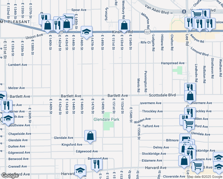 map of restaurants, bars, coffee shops, grocery stores, and more near 3712 East 151st Street in Cleveland