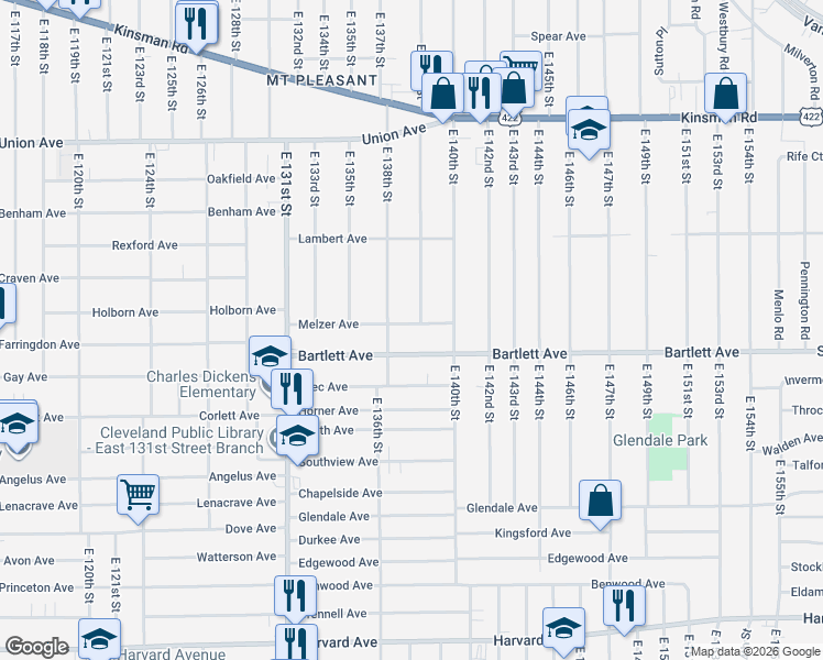 map of restaurants, bars, coffee shops, grocery stores, and more near 13821 Melzer Avenue in Cleveland