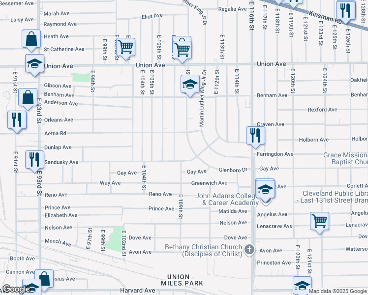 map of restaurants, bars, coffee shops, grocery stores, and more near 3680 East 110th Street in Cleveland