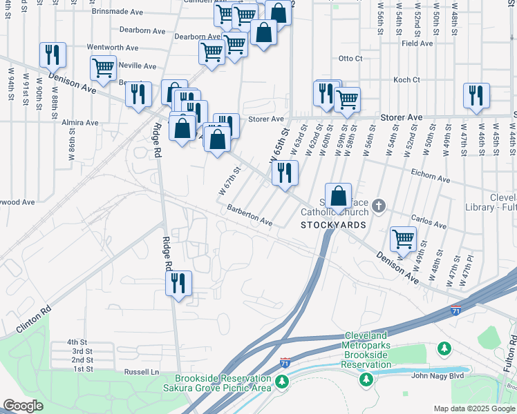 map of restaurants, bars, coffee shops, grocery stores, and more near 3556 West 63rd Street in Cleveland
